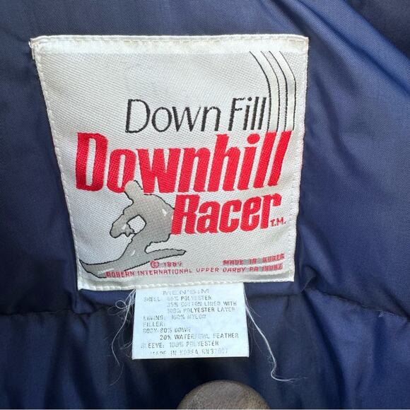VTG Downhill Racer 1987 Men's Blue Down Filled Ski Snow Hooded Jacket Medium - Picture 4 of 11